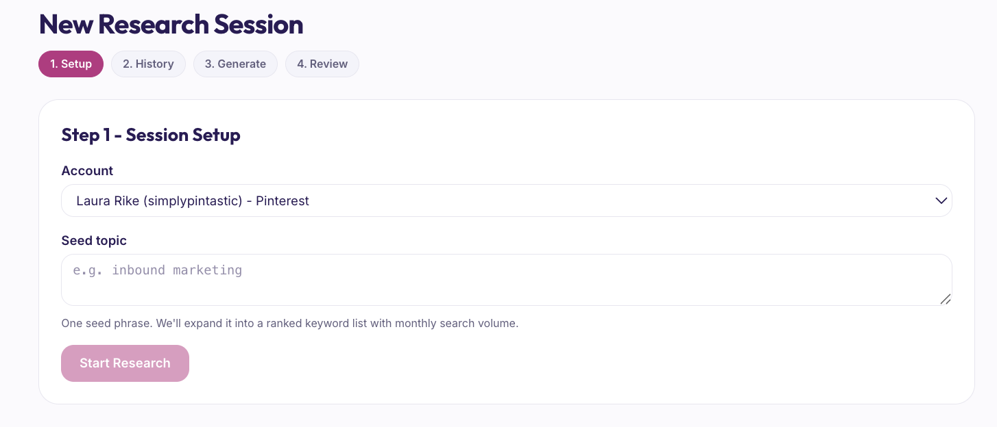 PIN Hacking Keyword Strategist starting a research session: an account picker, a seed topic field, and the option to pull ranked Pinterest search phrases for that topic.