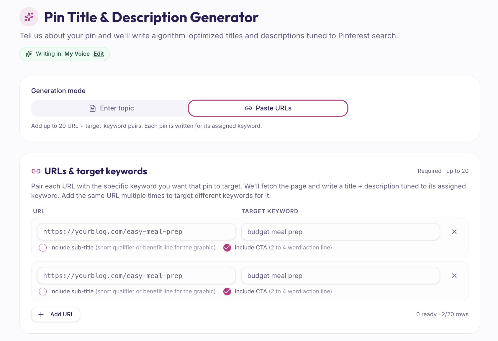 PIN Hacking Pin Title and Description Generator with rows for each page URL and its target keyword, plus toggles for adding a sub-title and a call to action before generating pin copy.