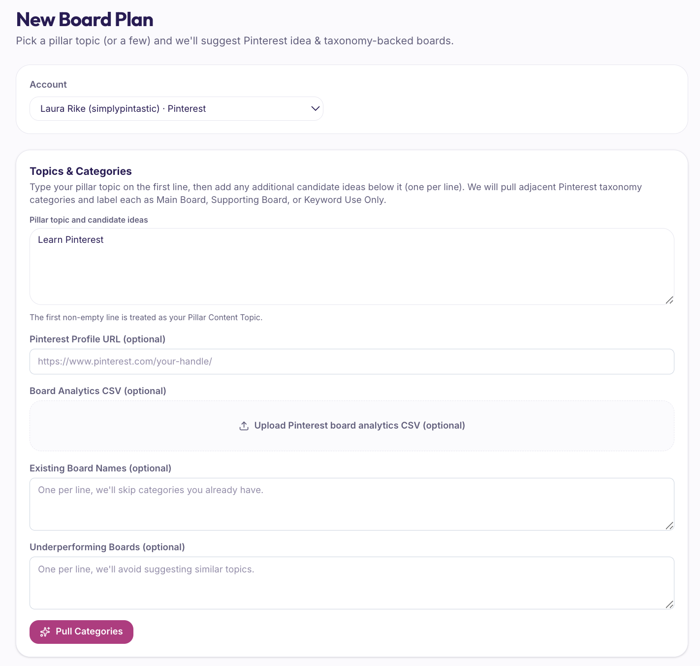 PIN Hacking Board Title Generator setting up a new board plan: a pillar topic input and a Pull Categories button that returns board titles Pinterest search already trusts.